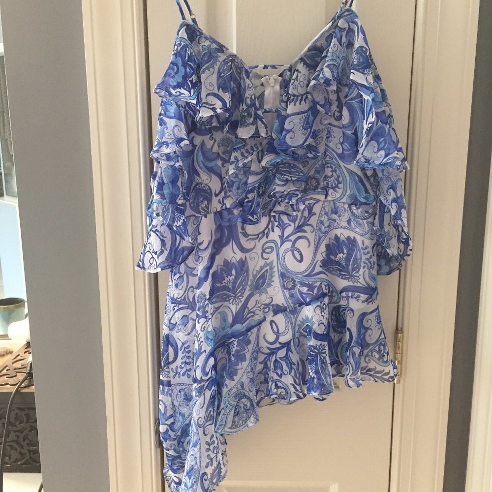 blue/White ruffle blouse
